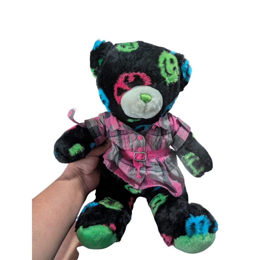 2010 Build a Bear Workshop Black Smiley Face Plush Bear Pink Plaid Dress D1